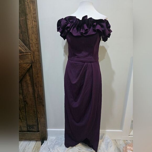 Xscape Ruffle Off Shoulder Asymmetric Midi Dress NWT Size 10 Mulberry Purple - Picture 2 of 4